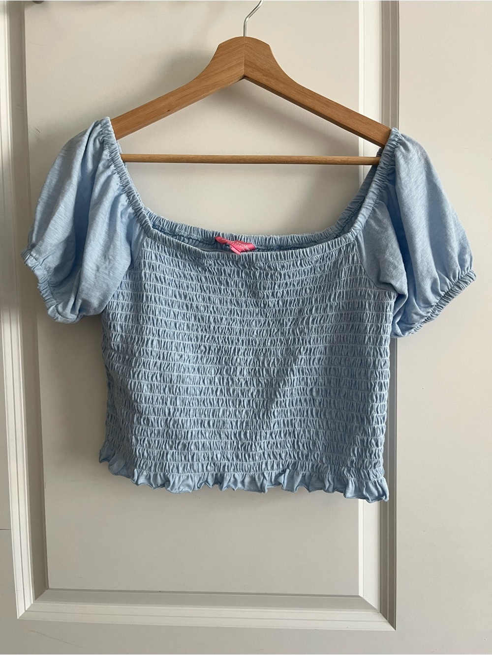 Simply Southern Blue Smocked Crop Top Large Cottagecore Milkmaid Puff Sleeve